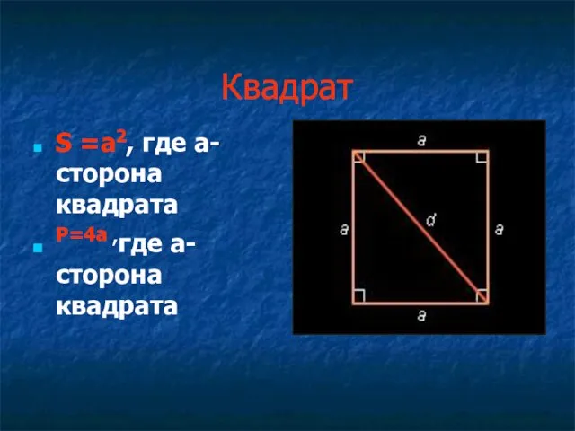 Квадрат S =a2, где a- сторона квадрата P=4a ,где a- сторона квадрата