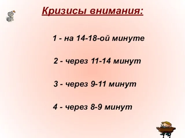 Кризисы внимания: 1 - на 14-18-ой минуте 2 - через 11-14 минут