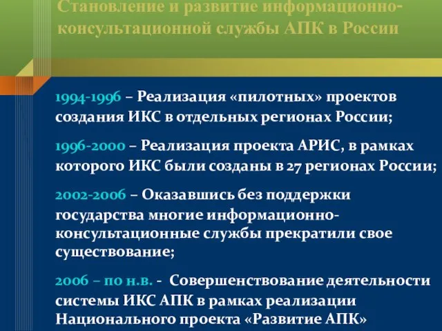 Становление и развитие информационно-консультационной службы АПК в России 1994-1996 – Реализация «пилотных»