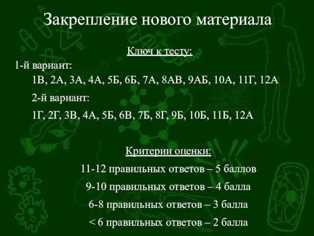 Закрепление нового материала Ключ к тесту: 1-й вариант: 1В, 2А, 3А, 4А,