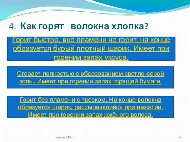 4. Как горят волокна хлопка? Горит быстро, вне пламени не горит, на