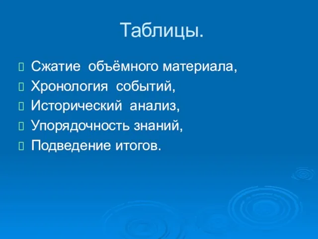 Таблицы. Сжатие объёмного материала, Хронология событий, Исторический анализ, Упорядочность знаний, Подведение итогов.