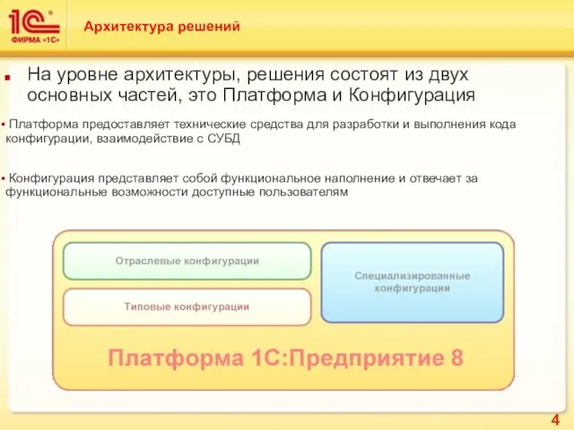 На уровне архитектуры, решения состоят из двух основных частей, это Платформа и