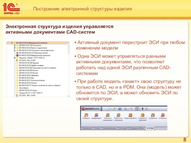 Построение электронной структуры изделия Электронная структура изделия управляется активными документами CAD-систем Активный