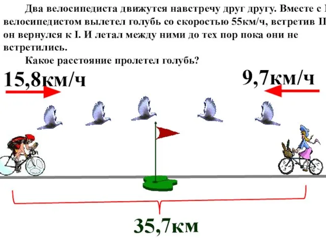 Два велосипедиста движутся навстречу друг другу. Вместе с I велосипедистом вылетел голубь