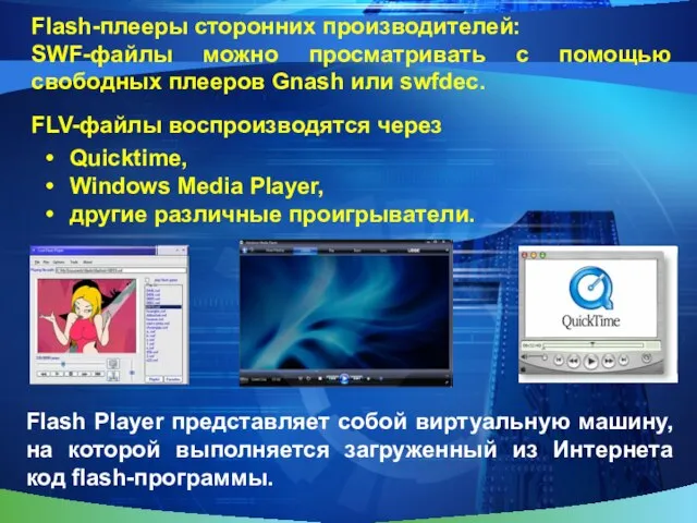 Flash-плееры сторонних производителей: Quicktime, Windows Media Player, другие различные проигрыватели. FLV-файлы воспроизводятся