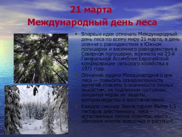 21 марта Международный день леса Впервые идея отмечать Международный день леса по