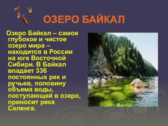 ОЗЕРО БАЙКАЛ Озеро Байкал – самое глубокое и чистое озеро мира –