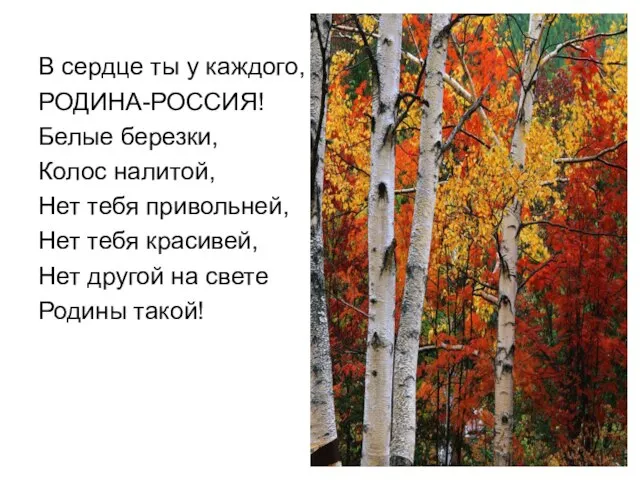 В сердце ты у каждого, РОДИНА-РОССИЯ! Белые березки, Колос налитой, Нет тебя