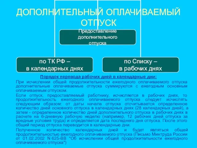 ДОПОЛНИТЕЛЬНЫЙ ОПЛАЧИВАЕМЫЙ ОТПУСК Порядок перевода рабочих дней в календарные дни: При исчислении