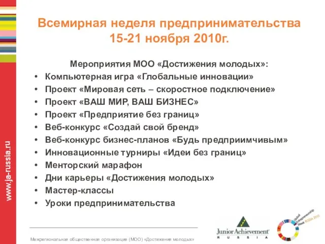 Всемирная неделя предпринимательства 15-21 ноября 2010г. Мероприятия МОО «Достижения молодых»: Компьютерная игра