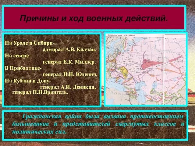 Гражданская война была вызвана противостоянием большевиков и представителей свергнутых классов и политических