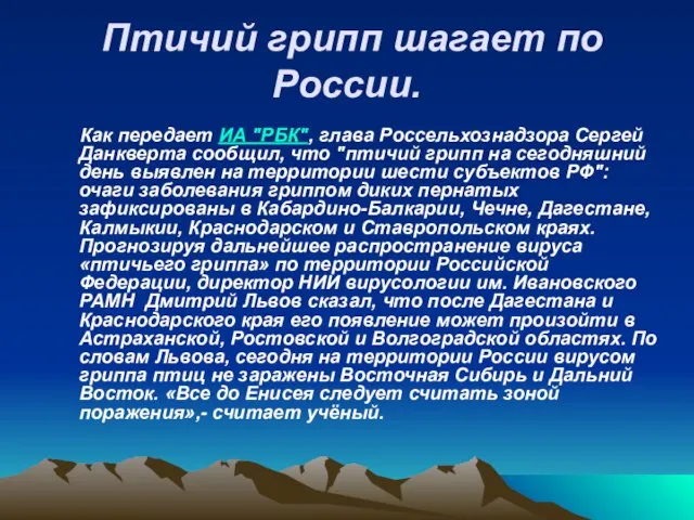 Птичий грипп шагает по России. Как передает ИА "РБК", глава Россельхознадзора Сергей