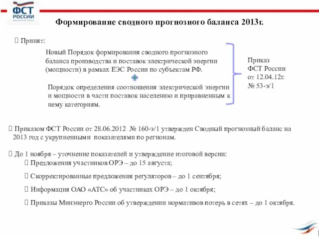 Формирование сводного прогнозного баланса 2013г. Принят: Новый Порядок формирования сводного прогнозного баланса