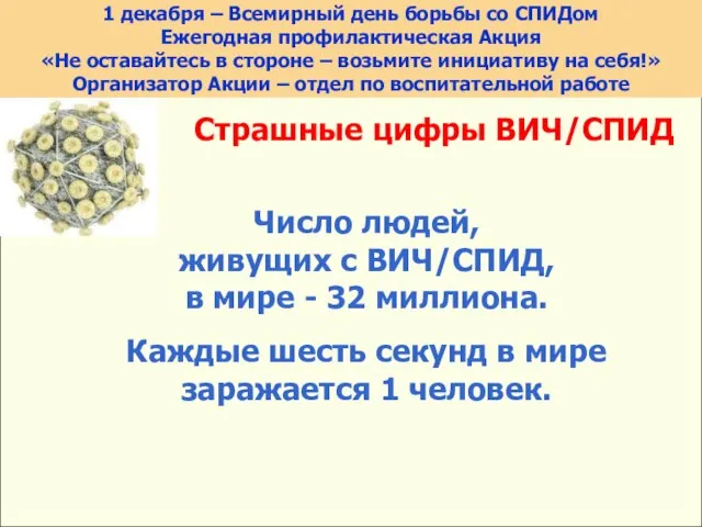 Страшные цифры ВИЧ/СПИД Число людей, живущих с ВИЧ/СПИД, в мире - 32