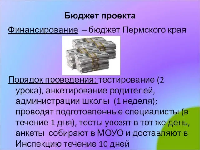 Бюджет проекта Финансирование – бюджет Пермского края Порядок проведения: тестирование (2 урока),