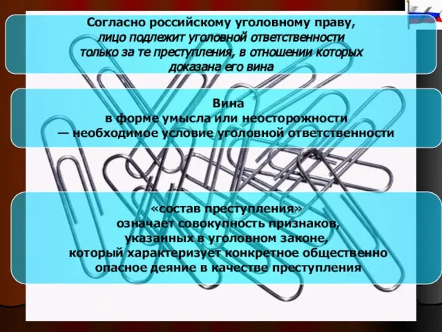 Согласно российскому уголовному праву, лицо подлежит уголовной ответственности только за те преступления,