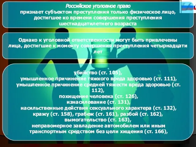 Российское уголовное право признает субъектом преступления только физическое лицо, достигшее ко времени