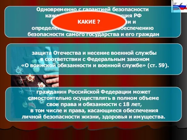 Одновременно с гарантией безопасности каждому человеку Конституция РФ возлагает на граждан России