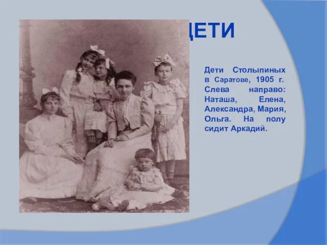 ДЕТИ Дети Столыпиных в Саратове, 1905 г. Слева направо: Наташа, Елена, Александра,