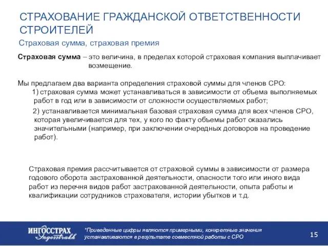 СТРАХОВАНИЕ ГРАЖДАНСКОЙ ОТВЕТСТВЕННОСТИ СТРОИТЕЛЕЙ Страховая сумма, страховая премия Страховая сумма – это