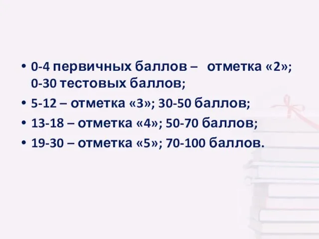 0-4 первичных баллов – отметка «2»; 0-30 тестовых баллов; 5-12 – отметка