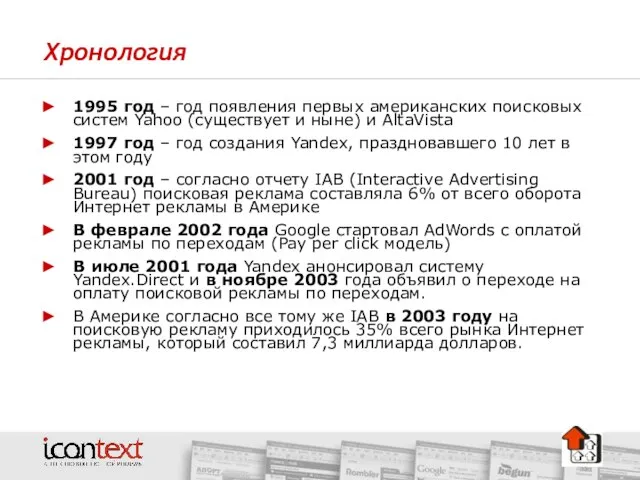 Хронология 1995 год – год появления первых американских поисковых систем Yahoo (существует