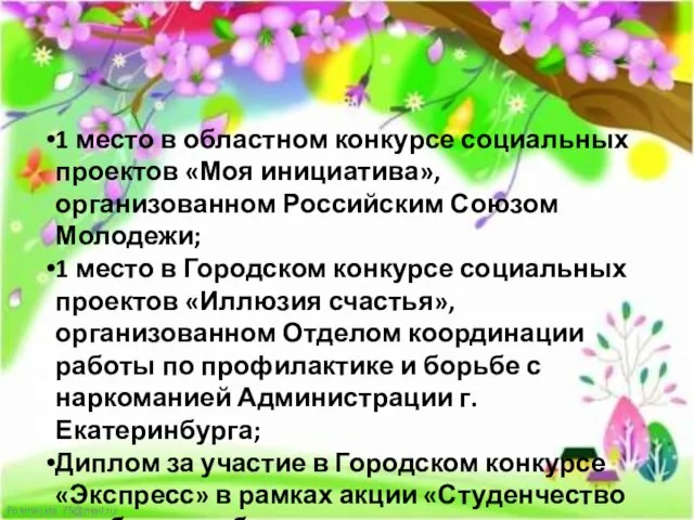 1 место в областном конкурсе социальных проектов «Моя инициатива», организованном Российским Союзом