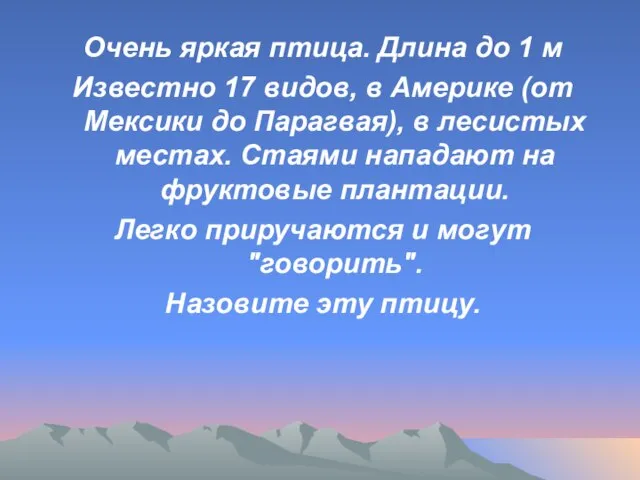 Очень яркая птица. Длина до 1 м Известно 17 видов, в Америке