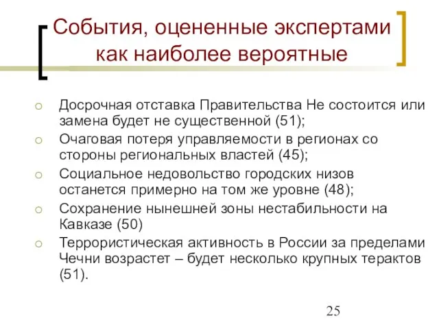 События, оцененные экспертами как наиболее вероятные Досрочная отставка Правительства Не состоится или