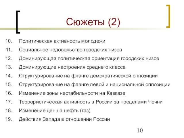 Сюжеты (2) Политическая активность молодежи Социальное недовольство городских низов Доминирующая политическая ориентация