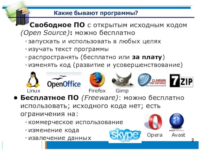 Какие бывают программы? Свободное ПО с открытым исходным кодом (Open Source): можно