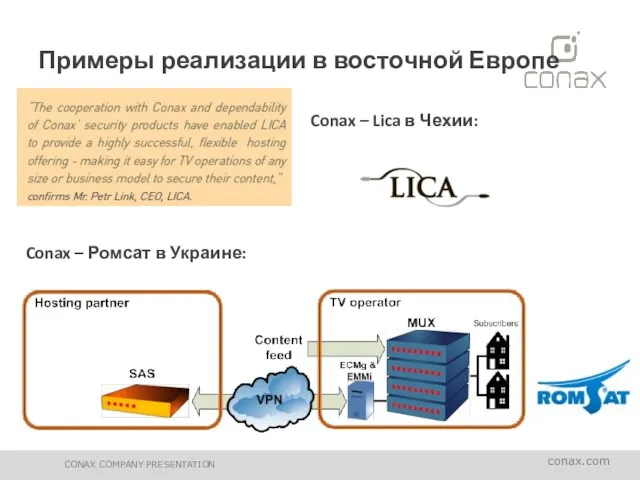 Примеры реализации в восточной Европе CONAX COMPANY PRESENTATION Conax – Ромсат в