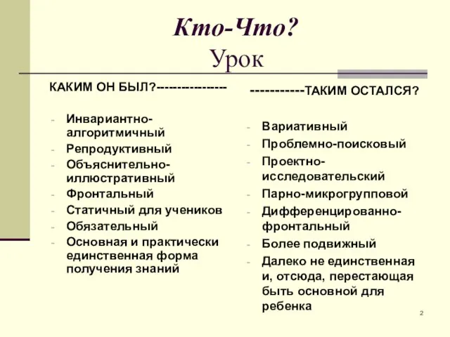 Кто-Что? Урок КАКИМ ОН БЫЛ?----------------- Инвариантно-алгоритмичный Репродуктивный Объяснительно-иллюстративный Фронтальный Статичный для учеников