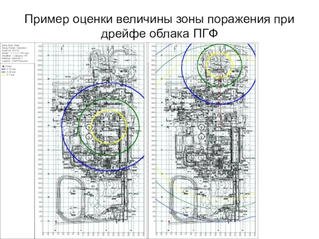 Пример оценки величины зоны поражения при дрейфе облака ПГФ