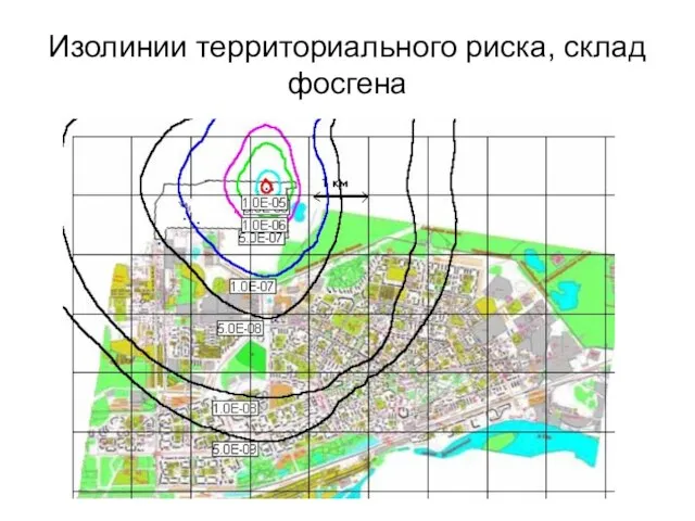 Изолинии территориального риска, склад фосгена