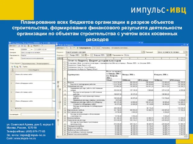 Планирование всех бюджетов организации в разрезе объектов строительства, формирование финансового результата деятельности