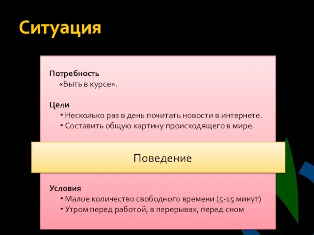 Ситуация Потребность «Быть в курсе». Цели Несколько раз в день почитать новости