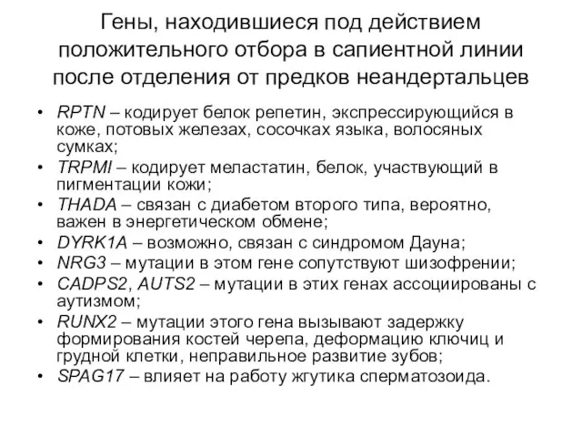 Гены, находившиеся под действием положительного отбора в сапиентной линии после отделения от