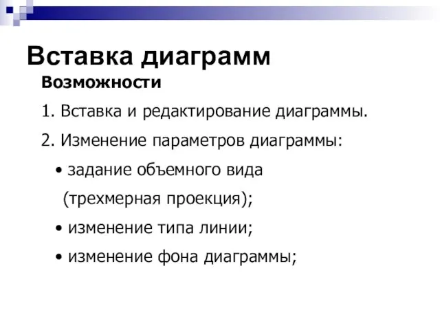 Вставка диаграмм Возможности 1. Вставка и редактирование диаграммы. 2. Изменение параметров диаграммы: