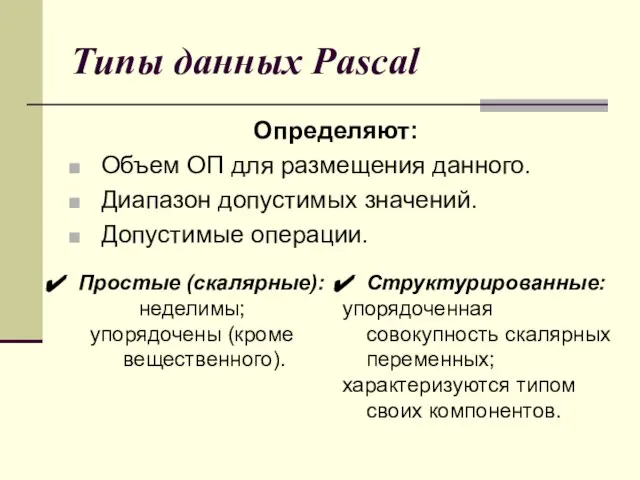 Типы данных Pascal Определяют: Объем ОП для размещения данного. Диапазон допустимых значений.