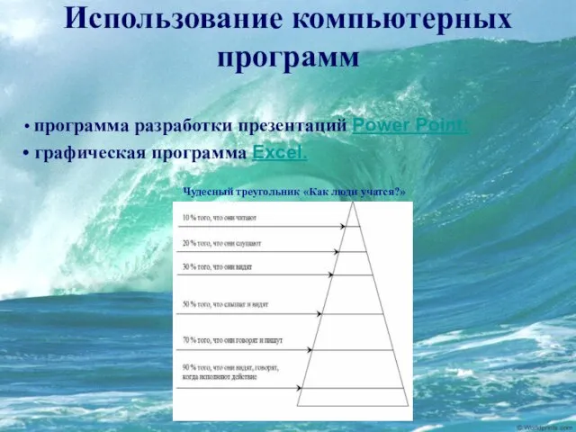 Использование компьютерных программ программа разработки презентаций Power Point; графическая программа Excel. Чудесный треугольник «Как люди учатся?»