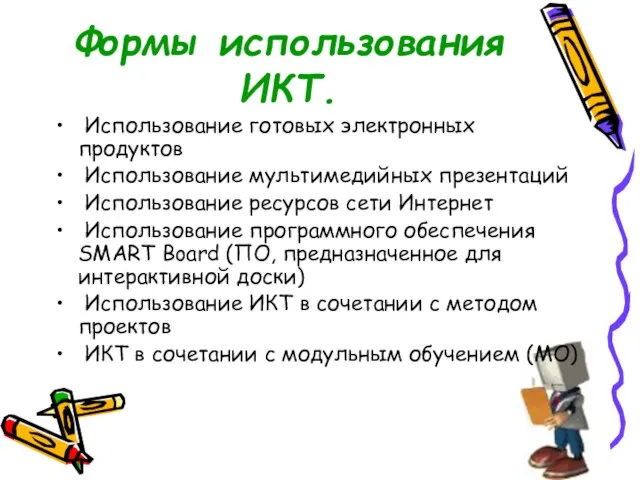 Формы использования ИКТ. Использование готовых электронных продуктов Использование мультимедийных презентаций Использование ресурсов