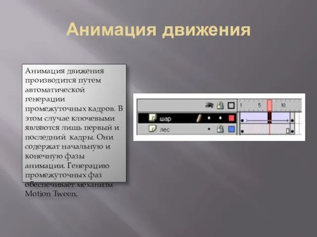 Анимация движения Анимация движения производится путем автоматической генерации промежуточных кадров. В этом