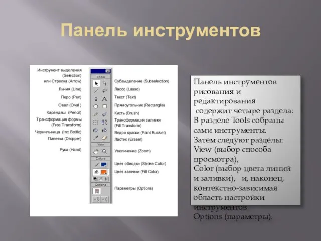 Панель инструментов Панель инструментов рисования и редактирования содержит четыре раздела: В разделе