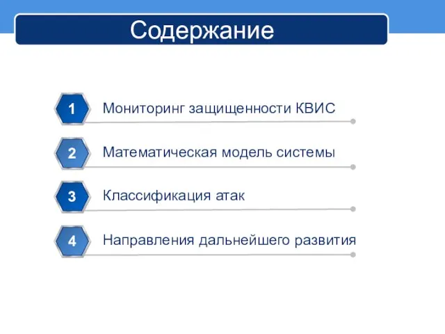 Содержание Мониторинг защищенности КВИС 1 Математическая модель системы 2 Классификация атак 3 Направления дальнейшего развития 4