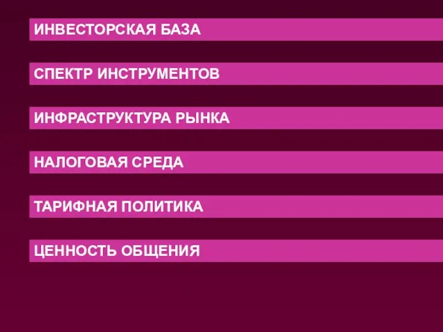 ИНВЕСТОРСКАЯ БАЗА СПЕКТР ИНСТРУМЕНТОВ ИНФРАСТРУКТУРА РЫНКА НАЛОГОВАЯ СРЕДА ТАРИФНАЯ ПОЛИТИКА ЦЕННОСТЬ ОБЩЕНИЯ