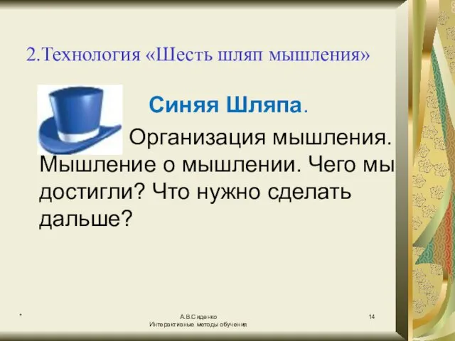 * А.В.Сиденко Интерактивные методы обучения 2.Технология «Шесть шляп мышления» Синяя Шляпа. Организация