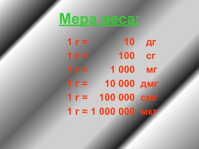 Мера веса: 1 г = 10 дг 1 г = 100 сг