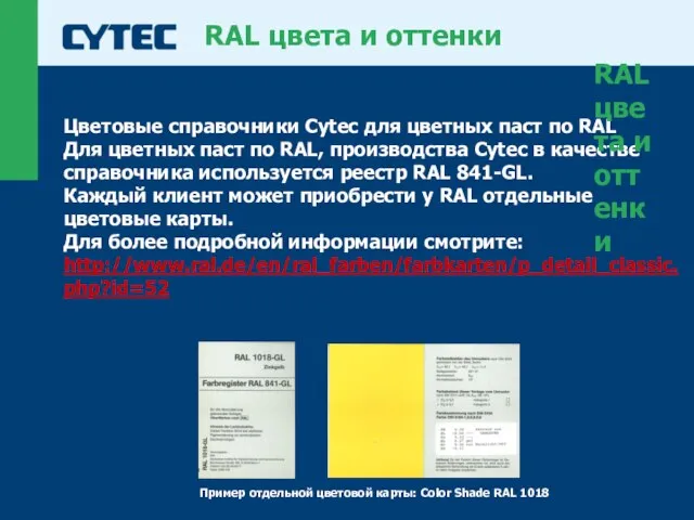 RAL цвета и оттенки Цветовые справочники Cytec для цветных паст по RAL